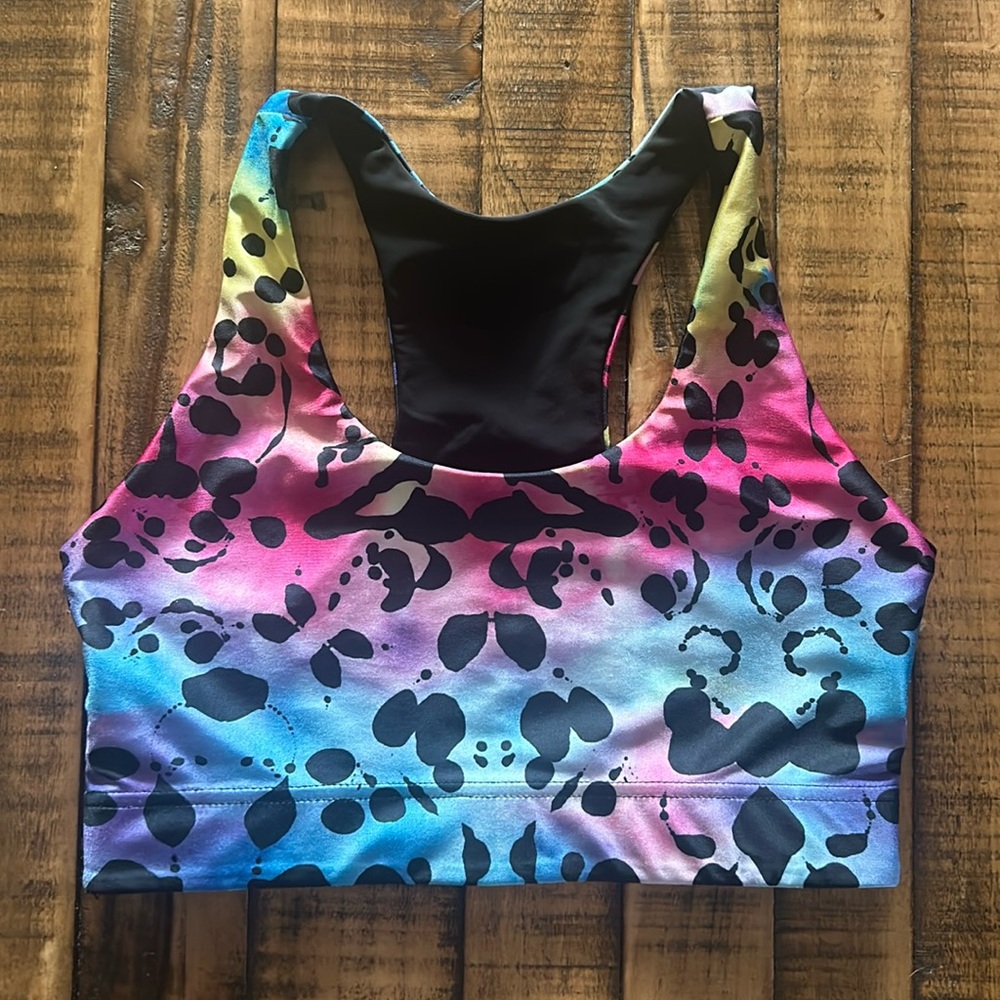Terez Blurry Rorschach Test Sport Bra Reversible Multicolor Rainbow Print